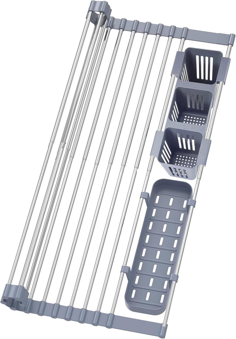 BBXTYLY Expandable Roll Up Dish Drying Rack Up to 22.8''with 2 Storage Baskets,Over The Sink Kitchen Rolling up Dish Drainer Drying Rack, Foldable,Rollable,for Kitchen Dishes(Expandable Width Size) (Gray)