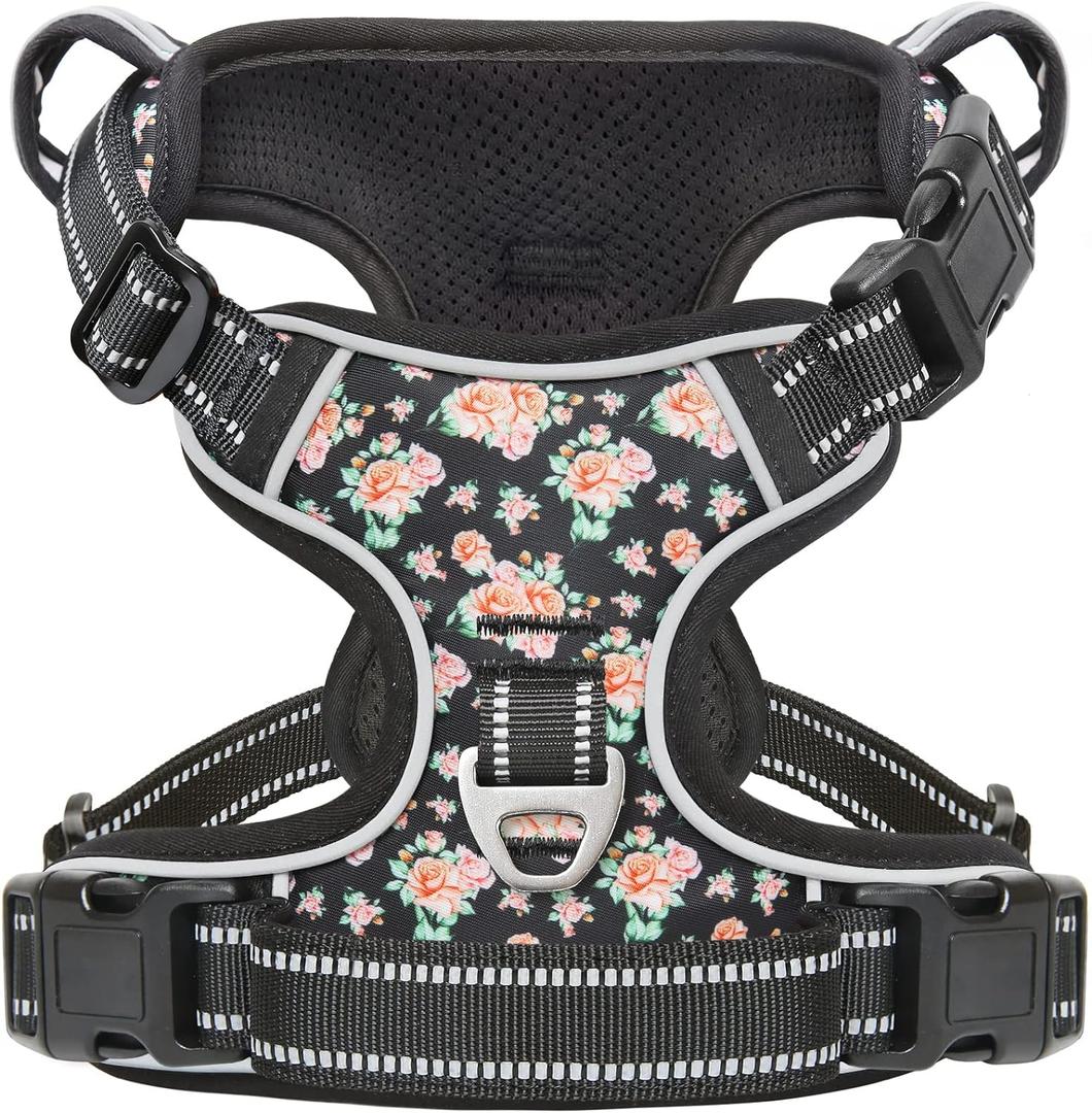 Timos Dog Harness, NO Need Go Over Dogs Head 3 Snap Buckles with 2 Leash Clips, Adjustable Soft Padded No-Pull Dog Harness, Reflective No-Choke Pet Oxford Vest for Small Medium Large Dogs (Large (Pack of 1), Normal-Black Rose)