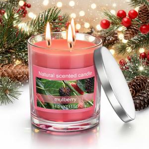 14.5 oz Mulberry Candle with 3 Wick Glass Jar Mulberry Scented Votive Candles Essential Fragrance Oils Highly Fragranced, 90 Hour Burn Time, Clean Burning for Christmas Holiday Collection