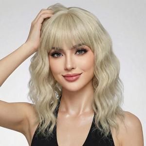 Pastel Dark Blonde Wavy Bob Wig for Women, Short Shoulder Length Synthetic Wig with Bangs, Matte Natural Realistic Look Lightweight Hairpiece, Blonde Color for Daily Wear & Cosplay Costume (14 Inch)