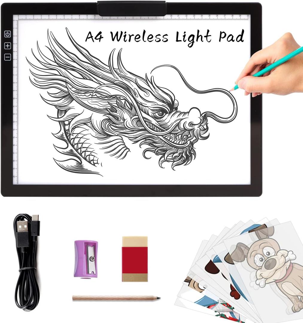 A4 Wireless LED Light Pad with Innovative Stand and Top Clip, TOHETO Rechargeable Battery Powered Light Box Stepless Dimmable 6 Levels Brightness Cordless Light Board for Tracing Weeding Vinyl (Black)