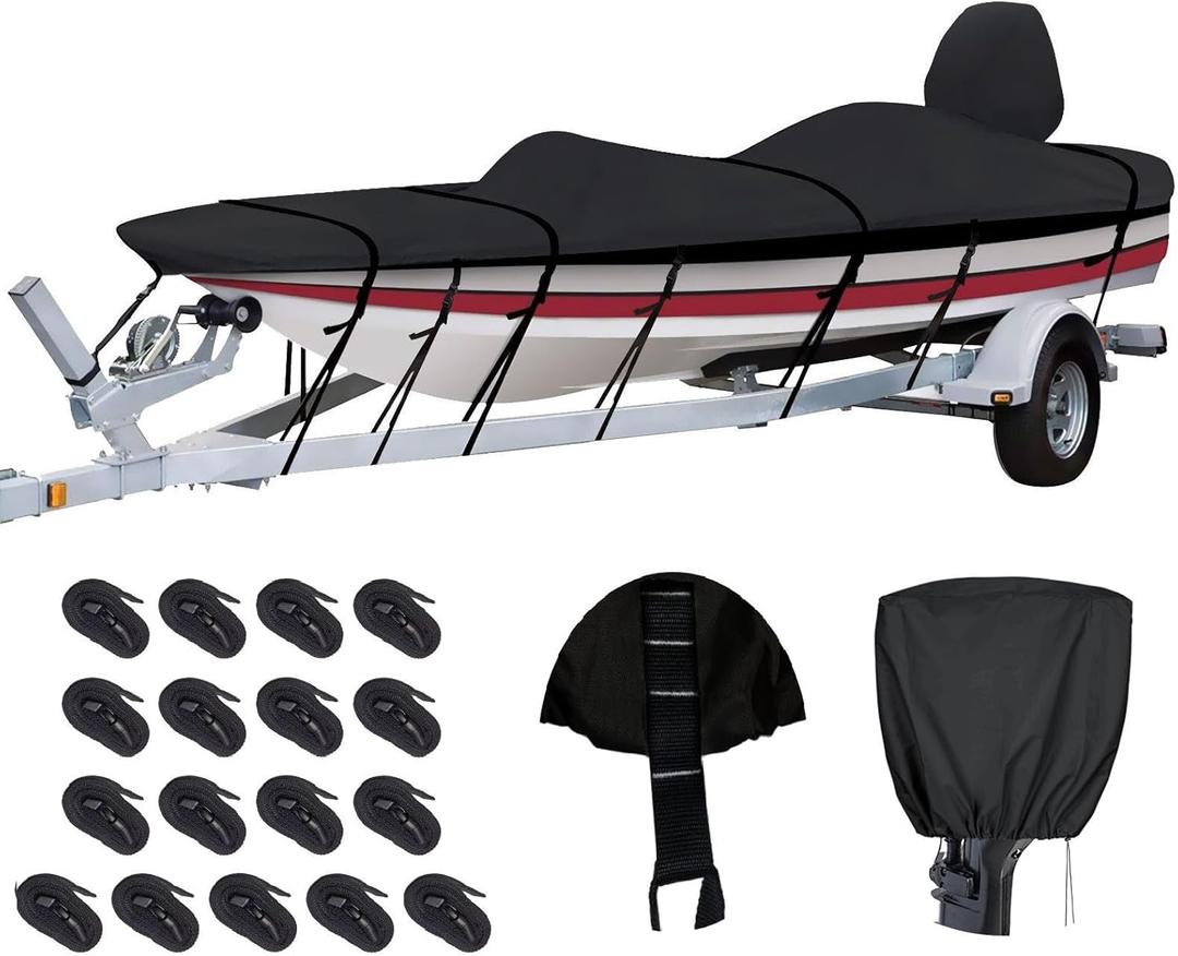 Tuszom Custom Fit Bass Boat Cover with Motor Cover, True 900D Solution-Dyed Bass Tracker Boat Cover Fits 16 ft - 18.5 ft Long, 98 in Wide Boat - Waterproof & Trailerable with 17 Windproof Straps (Black)