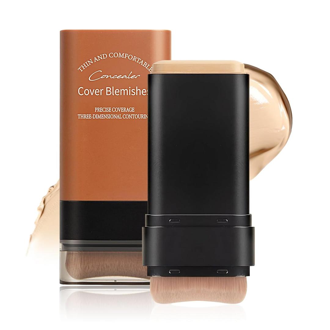 Full Coverage Foundation Stick with Contour Brush, Waterproof & Long-Lasting Foundation Makeup, Buildable Concealer Stick for All Skin Types, Lightweight Daily Natural Matte Finish for Beginners