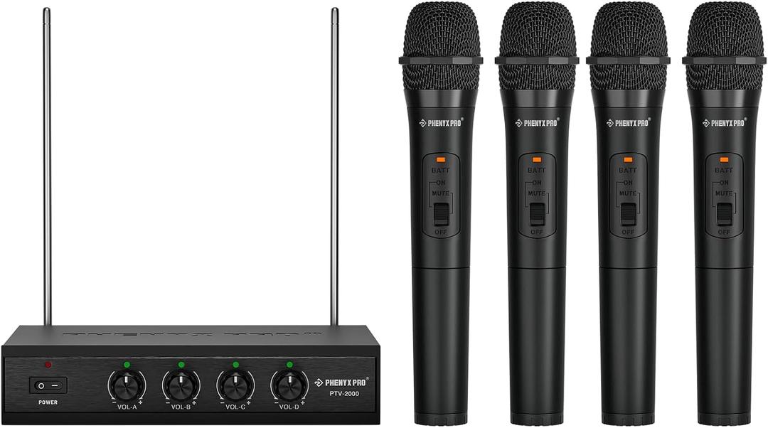Phenyx Pro Wireless Microphone System, 4 Channel VHF Wireless Mics, w/ 4 Handheld Dynamic Microphones, Metal Receiver, Long Range, Mic for Singing, Karaoke, Church (PTV-2000-4H)