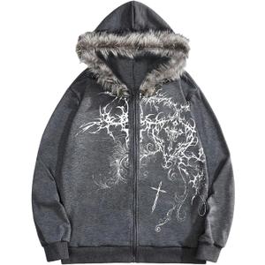 SOLY HUX Y2k Grunge Gothic Streetwear Fur Zip Hoodie (Gray, L)