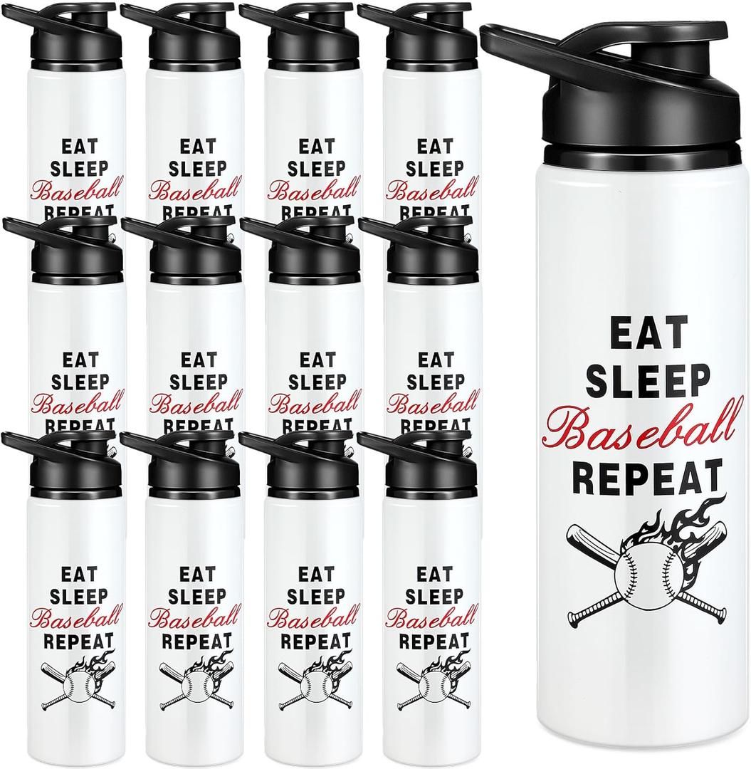 Hushee Pack of 12 Baseball Water Bottles Bulk 25 oz Aluminum Sport Bottles with Leakproof Lid Fall Outdoor Stuff Accessories for Cyclists, Runners, Hikers, Beach Goers, Picnics, Camping (Eat Sleep)