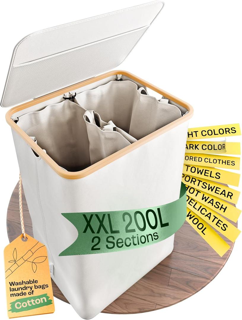 XXL Laundry Hamper 2 Section  Beige  Dual Laundry Hamper with Lid, Double Hamper, Laundry Basket 2 Section, Perfect for College and Dorm, 52 Gallon Large Laundry Basket (Extra Large)