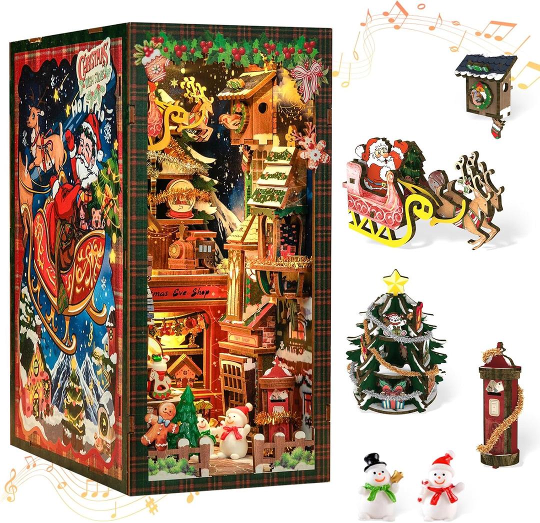 CUTEBEE Christmas Book Nook Kit - DIY Miniature House Dollhouse Kit for Adults, Teens, Booknook Tiny House Bookshelf Decor 3D Wooden Puzzle, Gifts for Family, Friends Christmas Wish Store