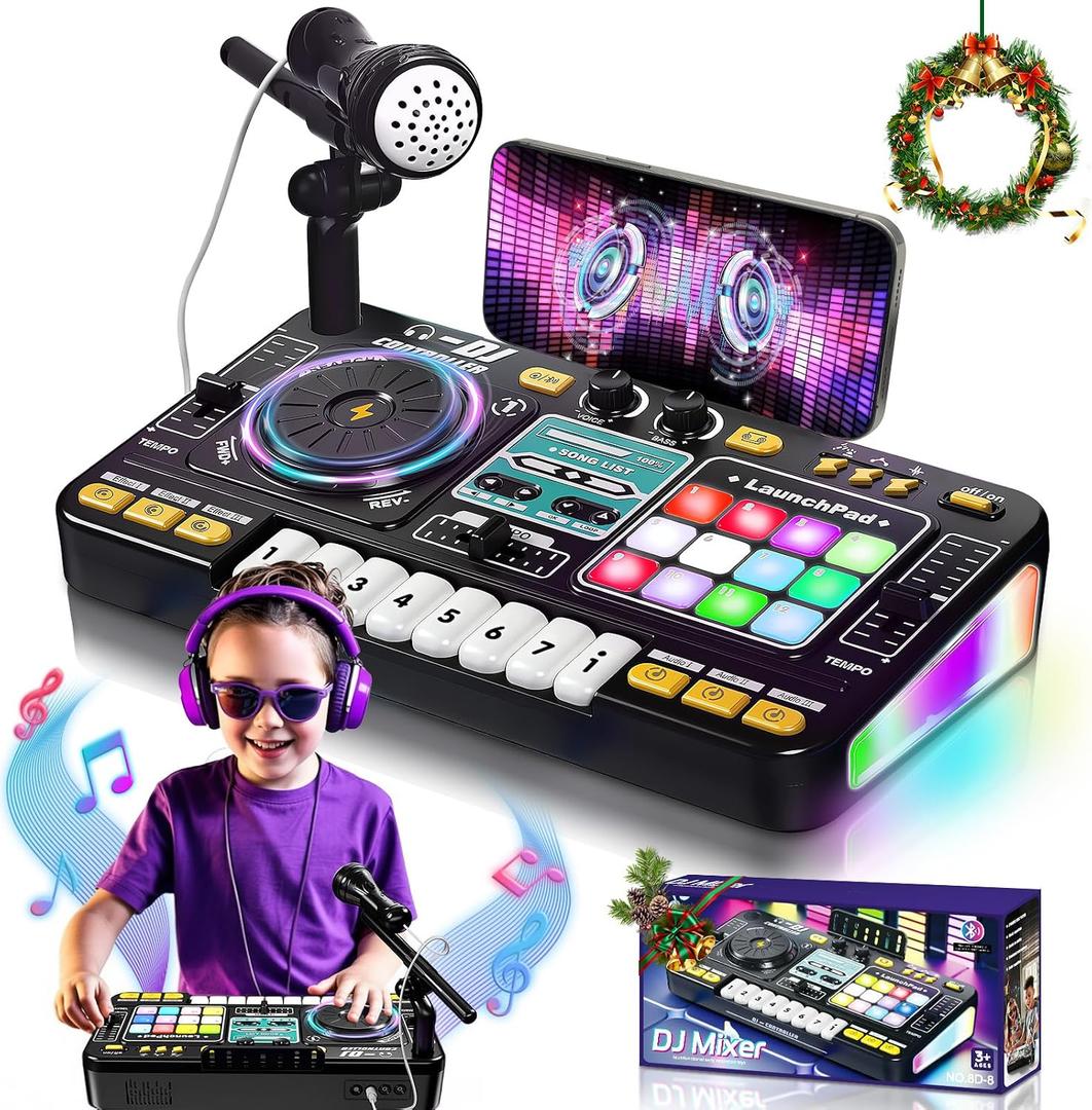 OZMI Kids DJ Music Mixer Table Board Set Toy with Microphone, Lights Interactive Musical Toys for Ages 3-12 | 100+ Sounds, Piano Keys, Disco Mode, Rechargeable for Kids Boys & Girls