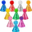 Hooqict 10 PCS Mini Small Party Hats for Stuffed Animals Birthday Party Cone Hats with Pom Poms for Baby Small Dogs Cats Party Animals Toy Figures, Assorted