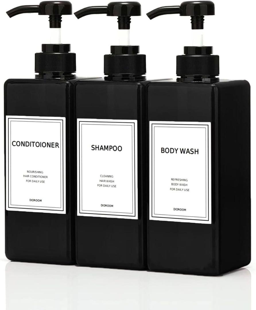 Modern Shampoo and Conditioner Dispenser (21 oz, Pack of 3) Refillable Pump Bottle Set Empty Shower Plastic Bottles with Pump for Bathroom Body Wash Soap and Shower (Black)