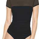 Women Short Sleeve Sheer Mesh Bodysuit Mock Turtle Neck Body Suit Tops Sexy Ruched Going Out Fishnet Leotard (Medium, Black)
