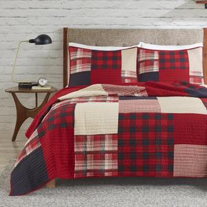 Woolrich Sunset Reversible Quilt Set - Cottage Styling Reversed to Solid Color, All Season Lightweight Coverlet, Cozy Bedding Layer, Matching Shams, Oversized King/Cal King, Plaid Red 3 Piece