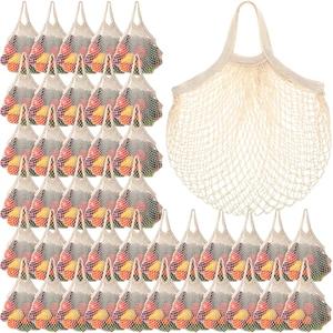 Paterr 50 Pack Cotton Mesh Produce Bags Bulk Reusable Market Bag Washable Net Grocery Purse String Shopping Tote Beach Organizer for Vegetable Fruit Picnic Food Storage (Short Handle, Beige)