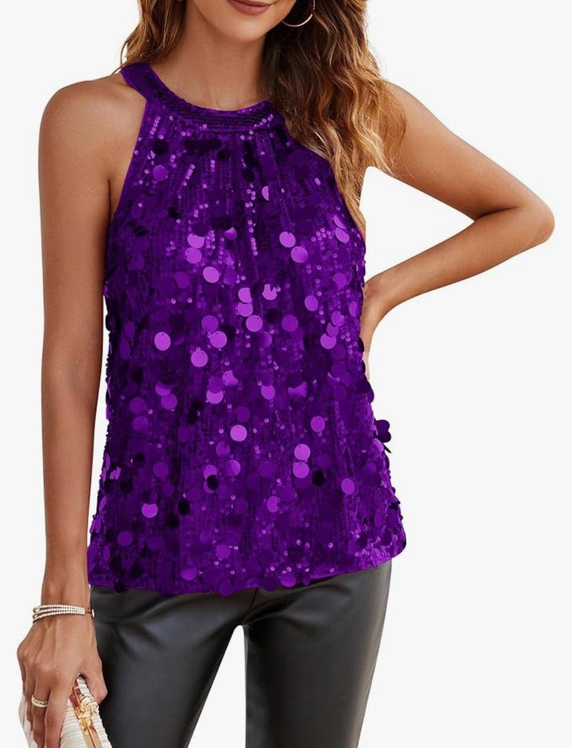 GRACE KARIN Halter Sequin Tank Tops for Women Sleeveless Sparkly Glitter Club Outfits Ruched Flowy Shiny Party Concert Shirt, L