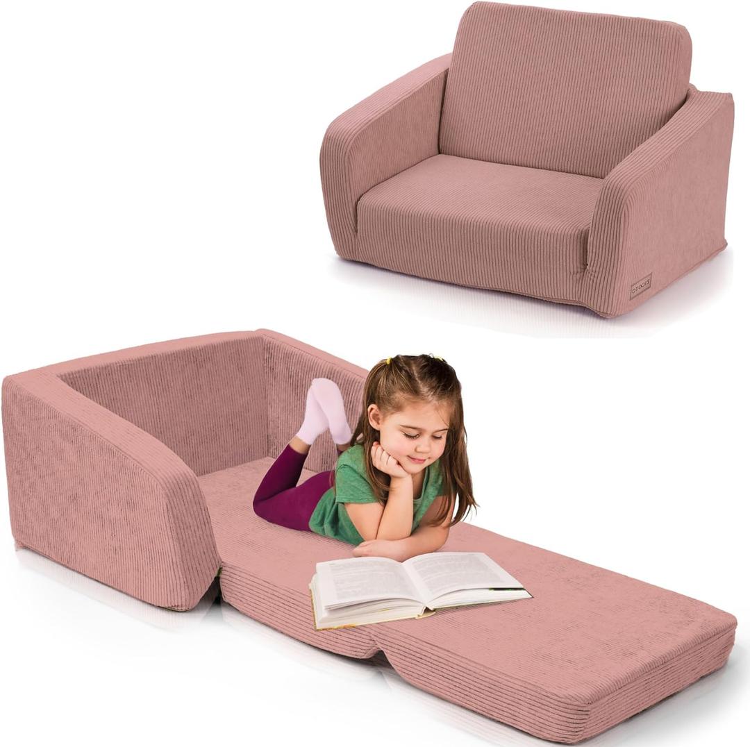 ZICOTO Comfy Kids Chair for Toddler - Stylish 2 in 1 Lounger Made of Memory Foam Easily Unfolds Into a Soft Baby Couch to Nap On - Modern Fold Out Sofa for The Little Ones (Pink)