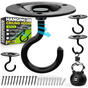 [Upgraded] 200LBS 4Pcs Round Ceiling Hooks with Firmly Rotatable Button, Black Wall Mount Metal Hangers for Hanging Hanging Plants, Bird Feeder, Lantern, Lights, Wind Chime, Indoor Outdoor Decor