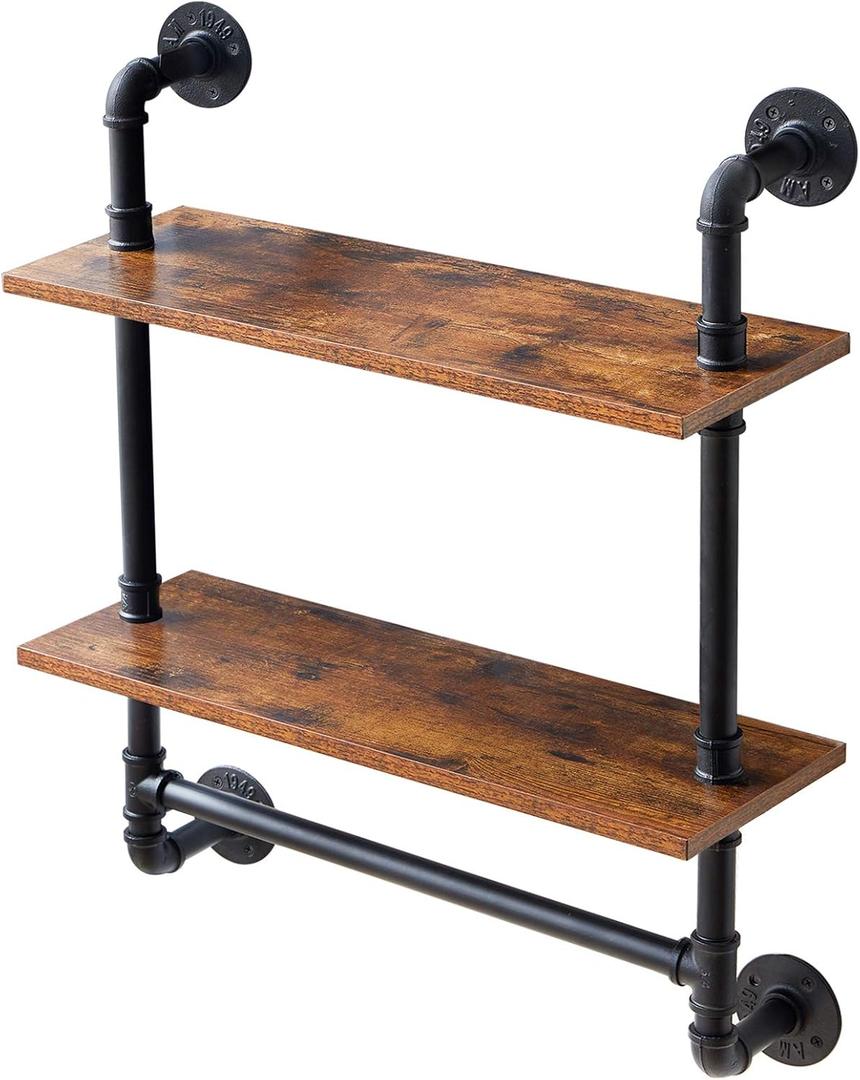 YMYNY Industrial Pipe Shelf Bracket, 2 Tiers Retro Wall Mounted Floating Shelf, Wood Look DIY Storage Shelving Bookshelf, UHRF-TM014 (2 Tiers with Towel Holder)