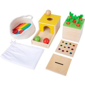 Adena Montessori 4 in 1 Wooden Play Kit Baby Toys,Object Permanence Box,Matchstick Color Drop Game,Carrot Harvest and Coin Box,Ball Drop Toy for Kid 1,2,3 Year Old,Girl Boy Gift for Baby 6-12 Month
