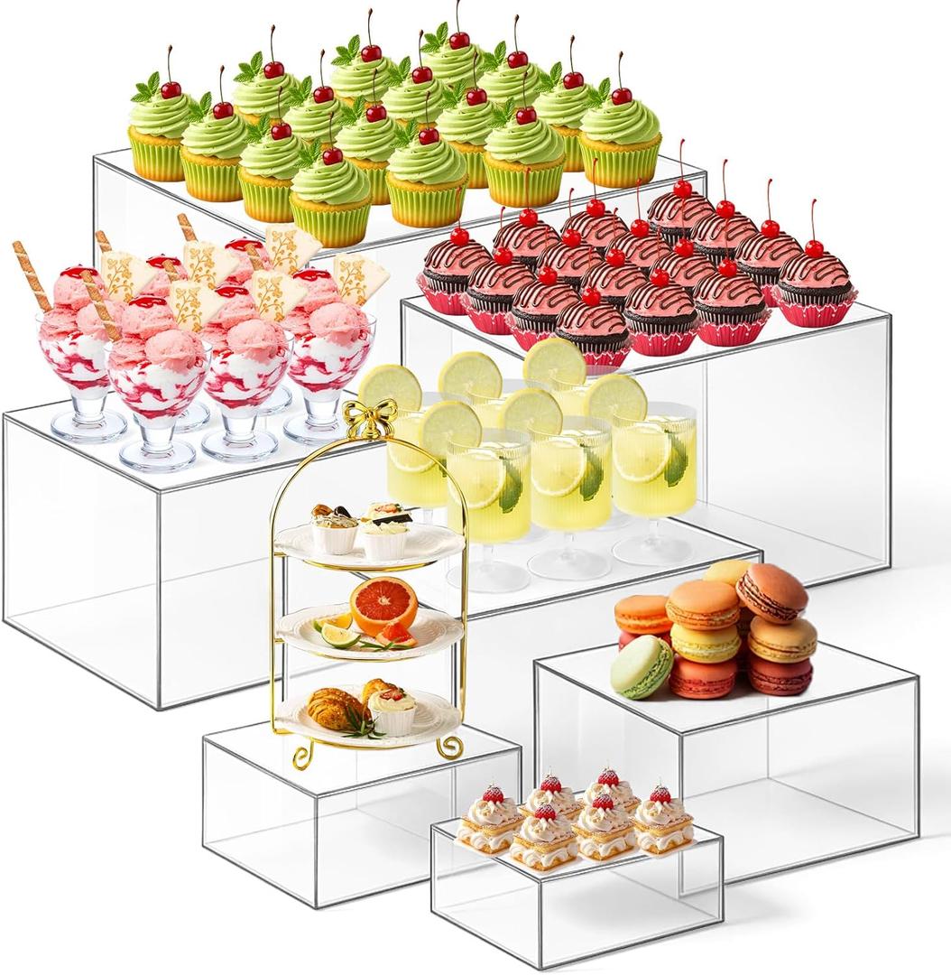 Leinuosen 7 Pcs Extra Large Buffet Risers Set 8" to 14" Acrylic Display Box Square Catering Dessert Table Riser Food Display Decorative Stand with Hollow Bottom for Catering Supplies(Clear)