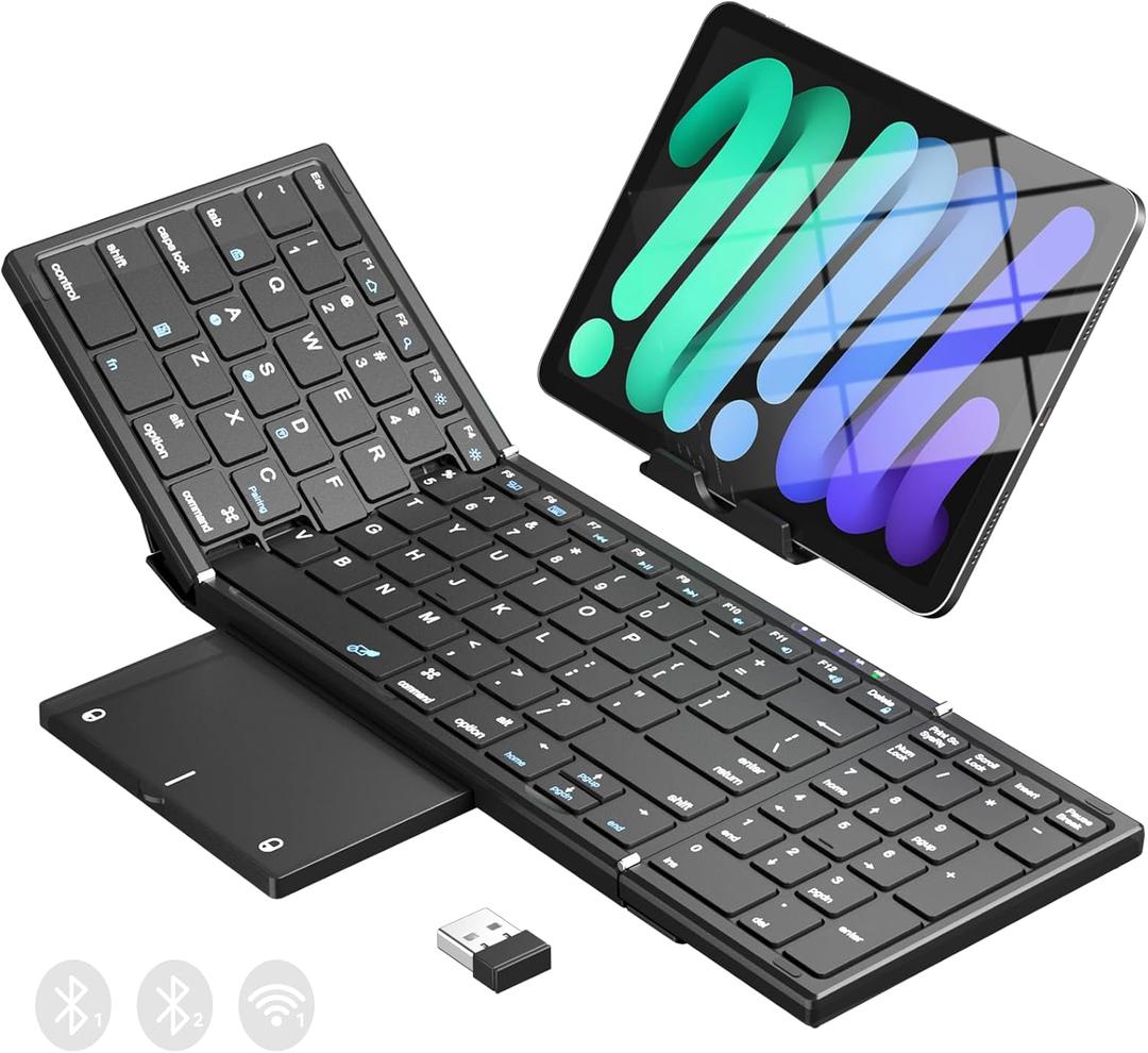 Foldable Bluetooth Keyboard with Touchpad & Number Pad, 3 Devices (2.4G+BTx2) Fold Portable Keyboard, Full Size Key Large Trackpad Wireless Travel Rechargeable Keyboards for Android Windows iOS Tablet
