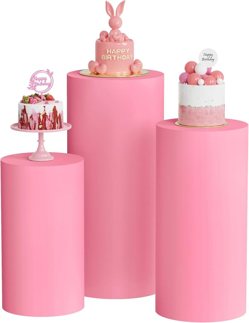 Putros Cylinder Pedestal Covers Pink 3Pcs Spandex Cylinder Plinth Stand Cover for Party Wedding Props Event Decor (Set of 3)
