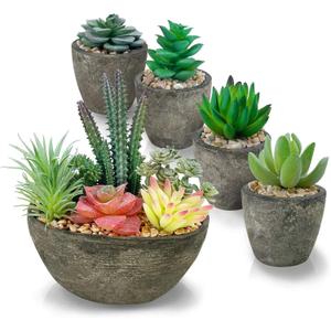 Succulents Plants Artificial Set of 5, Realistic Fake Succulents with Cement Like Pots for Home Office Decoration