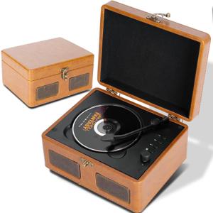 RetroBeat Time Vintage Portable Music Box  CD with Speakers, Bluetooth Transmitter, Rechargeable, USB/AUX, MultiMode Gift(Brown)