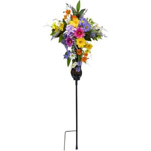 32 Inch Solar Powered Cross Grave Stake Decoration Lighted Cemetery Stake with Colorful Artificial Wildflowers Daisies, Floral Arrangement for Garden Cemetery and Memorial