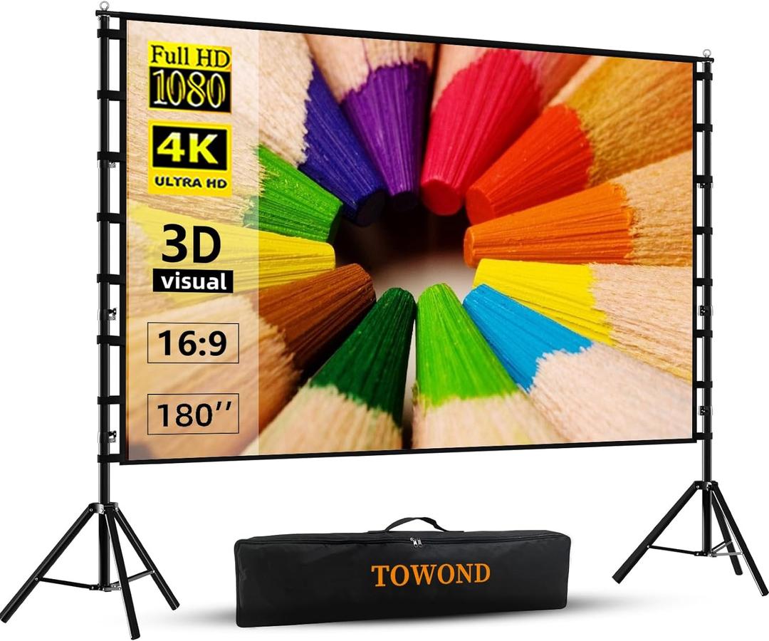 TOWOND Projector Screen and Stand, 180 inch Outdoor Projector Screen 15 FT Large Projection Screen, Portable 16:9 4K HD Rear Front Movie Screen with Carry Bag Wrinkle-Free Design for Backyard Theater TOWOND Projector Screen and Stand, 180 inch Outdoor Projector Screen 15 FT Large Projection Screen, Portable 16:9 4K HD Rear Front Movie Screen with Carry Bag Wrinkle-Free Design for Backyard Theater
