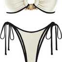 ZAFUL Metal Ring Bandeau Bikini Set Tie Side Bathing Suit High Cut 2 Piece Swimsuit Cutout Swimwear (Small, Beige and Black)
