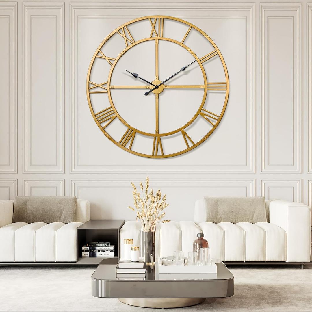 60 Inch Large Wall Clock for Living Room Decor  Easy-Assembly (KD) Silent Non-Ticking Modern Farmhouse Wall Clock, Oversized Decorative Metal Roman Numeral Clock (Gold, 60 Inch)