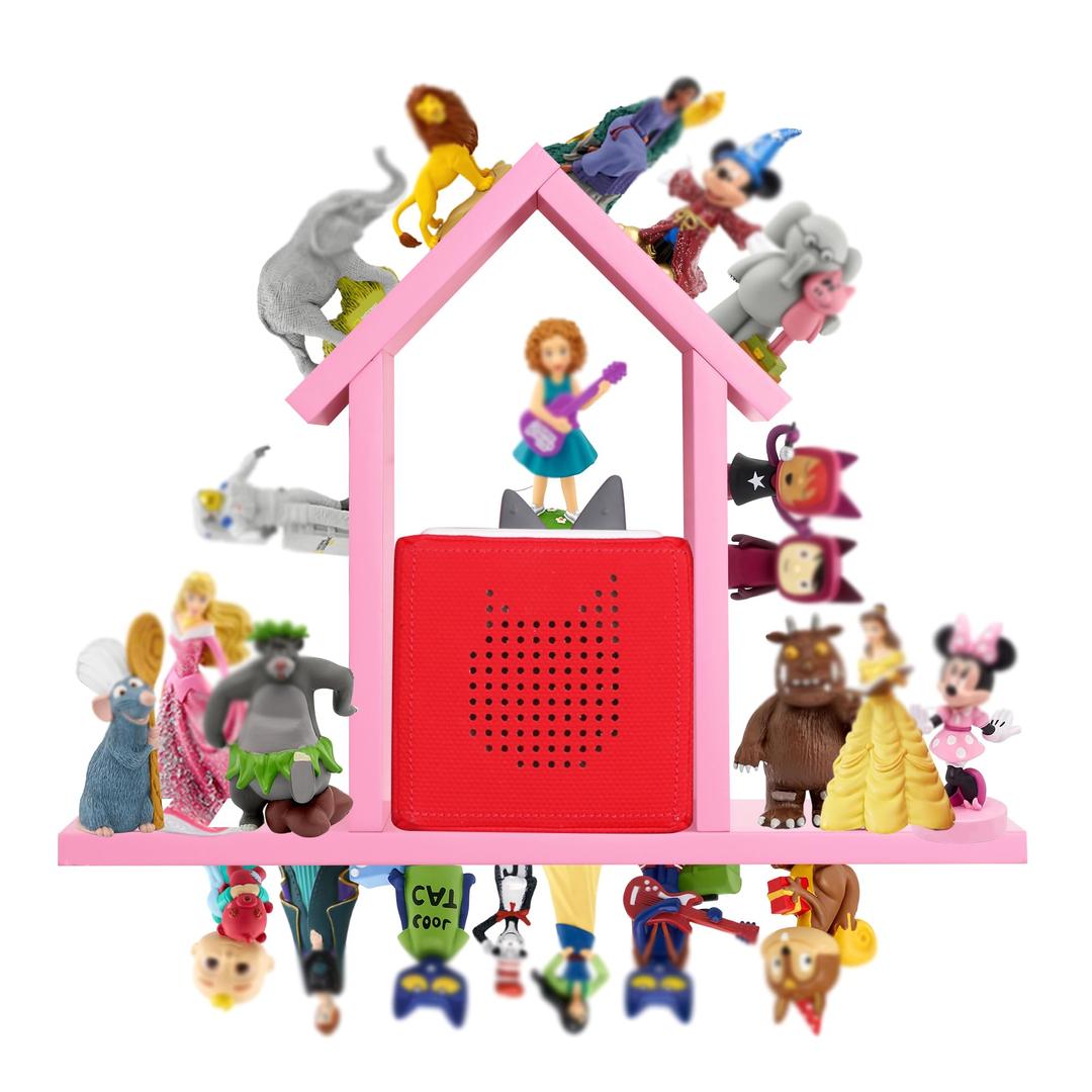 For Tonies Shelf Magnetic,for Toniebox Figures Wall Shelves,for Tonie Characters Audio Toy Storage Organizer(Hold 70 Figurines),Compatible Charging Station for Kid's Room,Pine Wood House,Large(Pink)