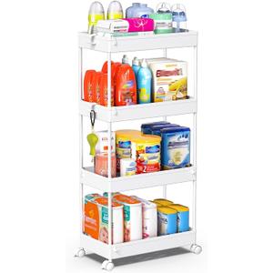 SPACEKEEPER Storage Cart, 4-Tier Mobile Shelving Unit, Bathroom Rolling Cart Utility Storage Organizer Shelf for Kitchen Living Room Bathroom Laundry Room & Dressers, White
