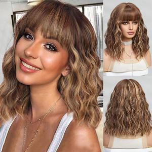 Short Brown Blonde Wig,Shoulder Length Bob Curly Wavy Ombre Brown Wig With Bangs for Women, Charming Heat-resistant Synthetic Hair Wigs for Date Daily Use