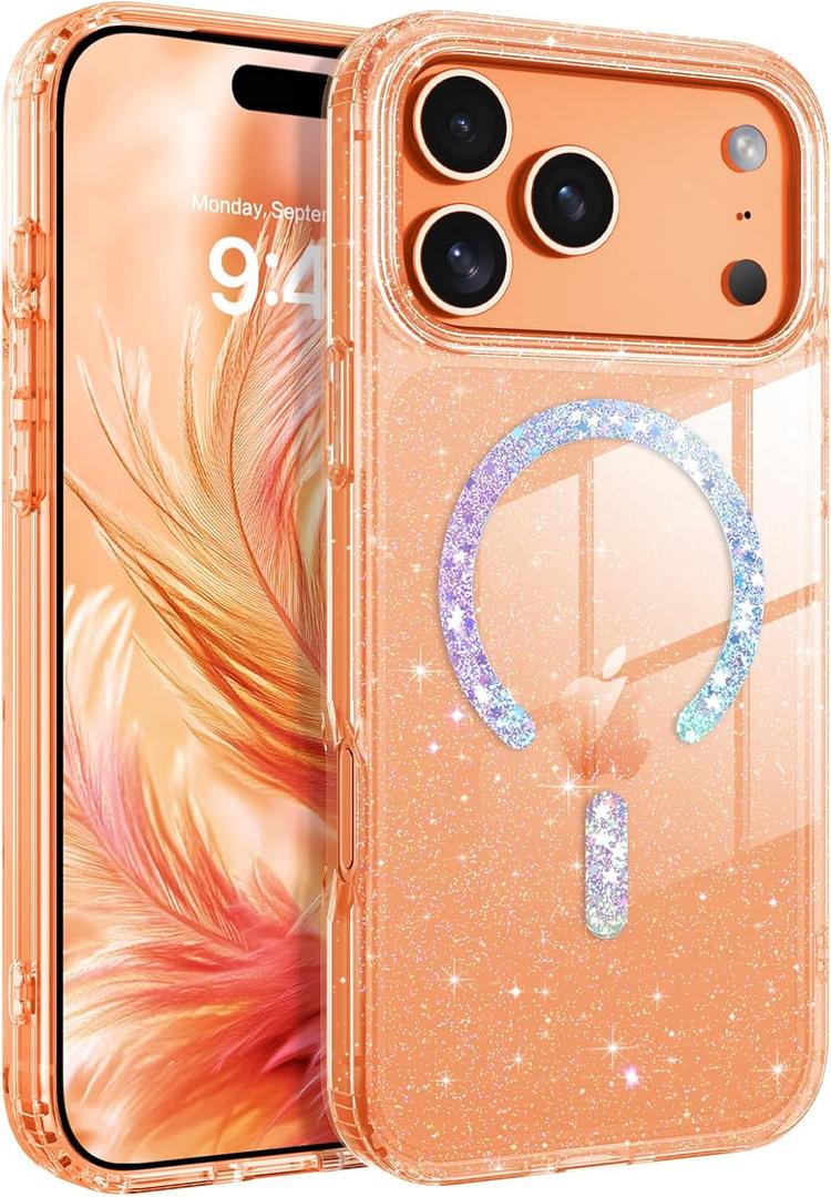 BENTOBEN Magnetic for iPhone 17 Pro Max Case, Clear Crystal Glitter Bling 17 Pro Max Phone Case [Compatible with MagSafe], Shockproof Sparkly Cute Women Girl Cover for iPhone 17 Pro Max, Cosmic Orange