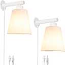 White Plug in Wall Sconces Set of Two, White Wall Sconce with Cord, Bedside Wall Lamps Plug in Set of 2 with Fabric Linen Shade, Wall Decor Bedroom Sconces for Living Room Hallway Porch