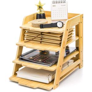 Wood Paper Organizer for Desk, 4 Tier Bamboo Letter Tray File Folder, Mail Sorter Shelf Document Storage Rack Holder for Home, Workplace, Office Supplies Desk Accessories