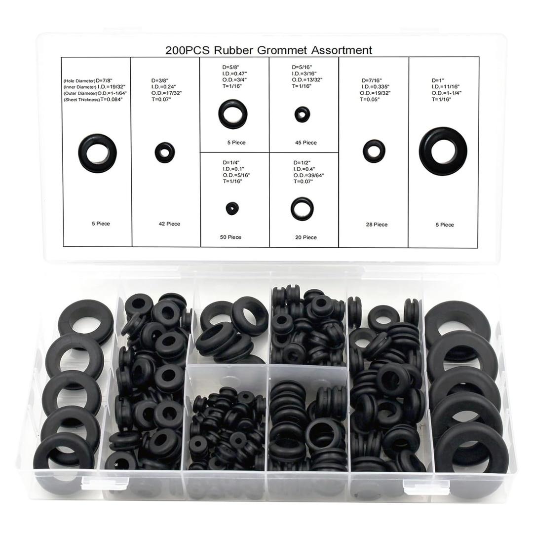 200 Pcs Rubber Grommets for Wiring - 8 Sizes (1/4", 5/16", 3/8", 7/16", 1/2", 5/8", 7/8", 1") Hole Rubber Grommet Assortment Kit for Wire