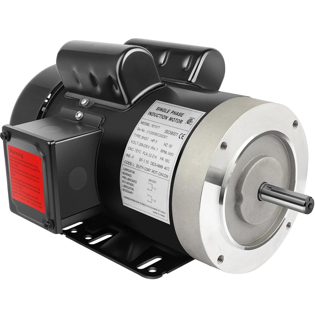 5HP Electric Motor 3450RPM General Purpose Single Phase Motor 208-230V 56C Frame 5/8" Shaft Diameter 60HZ TEFC
