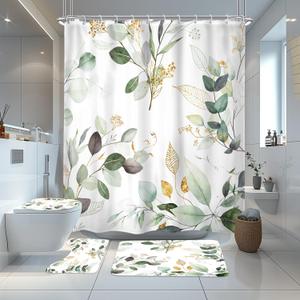 Riyidecor 4 PCS Sage Green Leaves Bathroom Set with Shower Curtain and Rugs Eucalyptus Leaf Botanical Plant 72Wx72H Inch Bathroom Decor Non-Slip Bath Rug Toilet Lid Cover U Shape Mat with 12 Hooks
