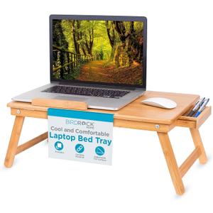 BirdRock Home Bamboo Laptop Bed Tray (Natural)| Multi-Position Adjustable Surface | Pull Down Legs | Storage Drawer