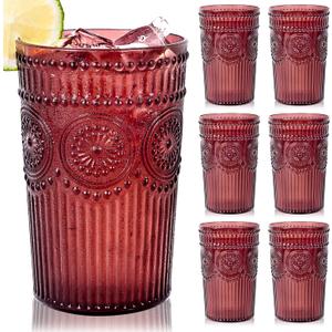 Ciaell 12 Pack Romantic Plastic Water Glasses - 14 Oz Burgundy Vintage Drinking Glasses, Embossed Ribbed Plastic Cups, Textured Striped Set for Juice, Beverages, Beer, Cocktail