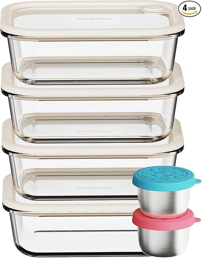 Glass Food Storage Containers with Silicone Glass Lids, Stainless Steel Salad Dressing Containers, Microwave-safe LeakProof Food Containers Set, 4-pack 35 oz（White）