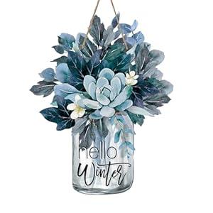 Bolisom Hello Winter Succulent Plant Front Door Sign, Botanical Mason Jar Leaves Wood Hanger Outdoor Outside Porch Home Decor, Farmhouse Christmas Wooden Wreath Indoor Wall Hanging Decoration
