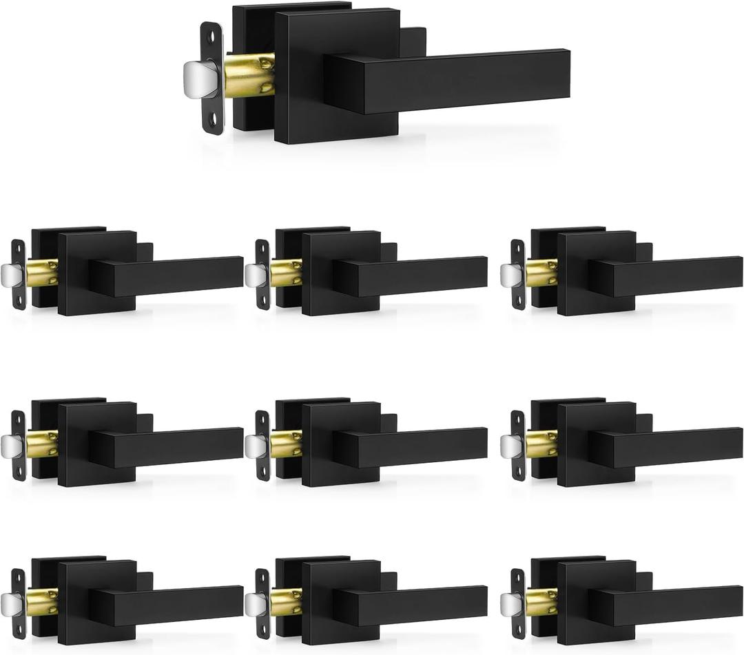 Plustool 10 Pack Matte Black Door Handles, Passage Door Levers for Hall & Closet, Interior Door Knobs Heavy Duty Square Non-Locking Handlesets, Reversible for Left & Right Sided Doors