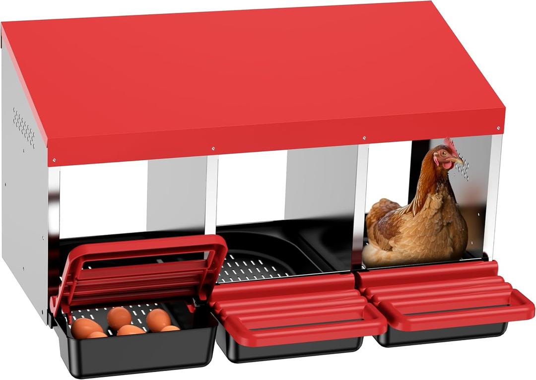 Chicken Nesting Boxes, 3 Hole Metal Chicken Egg Laying Box with Swing Perch and Rollout Egg Collection for Chicken Coop (Red)