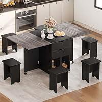 DWVO 7 Pieces Folding Extendable Dining Table Set without Chairs for 6 Peoples 66.9 Inch Drop Leaf Wood Kitchen Dining Room Table Set with 2 Storage Drawers & Wheel for Small Space Saving Grey Oak