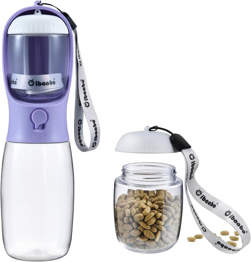 Dog Water Bottle with Food Container, Travel Puppy Water Bowl, Portable Pet Dispenser, Dog Stuff Accessories Items, Puppy Essentials Necessities for Yorkie Chihuahua Cat Walking and Hiking (19oz, #06 Purple)