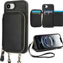 Bocasal RFID Blocking Wallet Case for iPhone 16e, Adjustable Crossbody Zipper Purse Cover Card Slots Holder with Kickstand Detachable Wrist Strap, PU Leather Flip Folio Case 6.1 Inch 5G (Black)